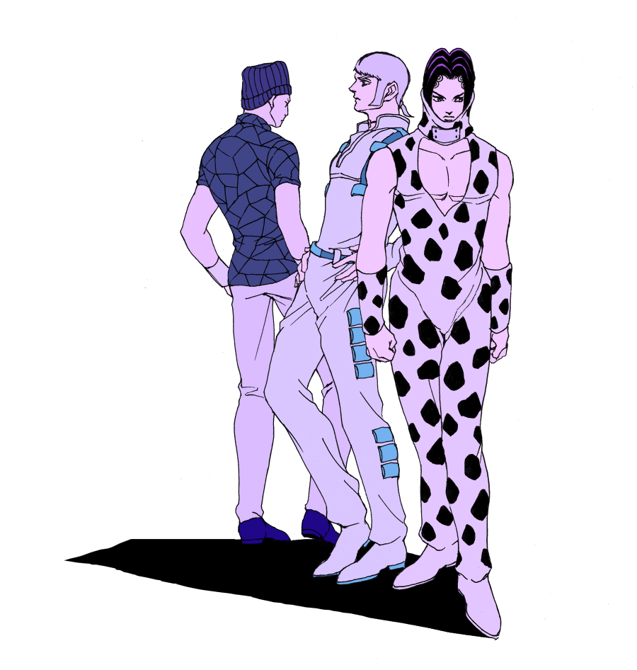 3boys animal_print beanie black_hair brothers cleavage_cutout clothing_cutout cow_print donatello_versus family hage_tashuumi hat jojo_no_kimyou_na_bouken multiple_boys necktie rikiel siblings sideburns stone_ocean ungaro white_hair