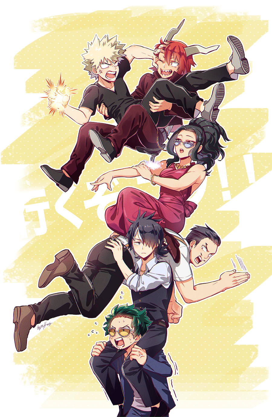 1girl 5boys :o ;d alternate_eye_color anger_vein angry back_bow bakugou_katsuki bangle bare_arms bare_shoulders belt black_footwear black_hair black_pants black_shirt black_vest blonde_hair blue-tinted_eyewear blue_eyes blue_jacket blue_pants boku_no_hero_academia bow bracelet brown_footwear buttons carrying carrying_over_shoulder chromatic_aberration clenched_hand closed_mouth collared_shirt commentary disguise dress dress_shoes explosion eye_contact eyelashes eyeshadow fake_beard fake_facial_hair fake_horns fake_mustache fingernails flipped_hair flying_sweatdrops freckles frown furrowed_brow gold_necklace green_eyes green_hair grey_eyes grey_footwear hair_between_eyes hair_over_one_eye hair_slicked_back hand_in_another&#039;s_hair hand_on_another&#039;s_ass hand_on_own_arm hands_up happy high_heels high_ponytail highres horns human_tower iida_tenya jacket jewelry kirishima_eijirou long_sleeves looking_ahead looking_at_another looking_back looking_to_the_side looking_up lowah makeup midoriya_izuku motion_lines multicolored_hair multiple_boys necklace official_alternate_hair_color official_alternate_hairstyle one_eye_closed open_hand open_mouth outline outstretched_arm outstretched_hand pants pink_dress pink_eyeshadow polka_dot polka_dot_background ponytail princess_carry purple_shirt pushing_away pushing_face raised_eyebrows rectangular_mouth red_eyes red_footwear red_hair red_jacket red_pants sanpaku scar scar_across_eye scar_on_face sharp_teeth shirt short_eyebrows short_hair short_sleeves shoulder_carry sideburns sidelocks sideways_glance sitting sitting_on_person sleeveless sleeveless_dress smile spiked_hair spoilers stacking sunglasses suspenders sweat teeth text_background thigh_grab tinted_eyewear todoroki_shouto two-tone_background two-tone_hair undercut upper_teeth_only v-neck v-shaped_eyebrows vest wavy_hair white-framed_eyewear white_background white_outline white_shirt yaoyorozu_momo yellow-tinted_eyewear yellow_background yokozuwari