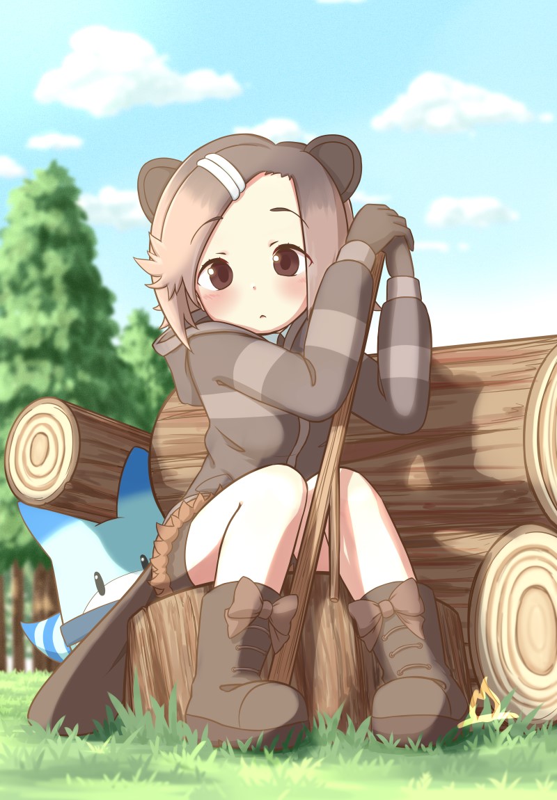 1girl :&lt; animal_ears beaver_ears beaver_tail bike_shorts bike_shorts_under_shorts blush boots bow brown_boots brown_eyes brown_hair brown_hoodie brown_shorts cutoff_jeans cutoffs eurasian_beaver_(kemono_friends) footwear_bow hair_ornament hairclip hood hood_down hoodie kemono_friends light_brown_hair log looking_at_viewer lucky_beast_(kemono_friends) multicolored_hair onefiresticks short_hair shorts sidelocks sitting solo striped_clothes striped_hoodie tail two-tone_hoodie