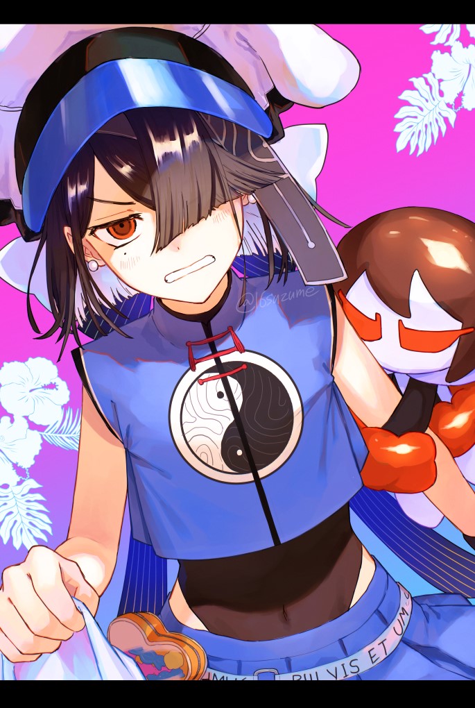 1girl bare_shoulders black_hair black_one-piece_swimsuit blue_shirt blue_skirt blush breasts brown_eyes clenched_teeth crop_top fate/grand_order fate_(series) hair_over_one_eye hat looking_at_viewer miniskirt mole mole_under_eye one-piece_swimsuit shirt short_hair skirt sleeveless sleeveless_shirt small_breasts somemiya_suzume stuffed_toy swimsuit swimsuit_under_clothes teeth white_hat xu_fu_(fate) xu_fu_(swimsuit_avenger)_(first_ascension)_(fate) yin_yang yin_yang_print yu_mei-ren_(fate)