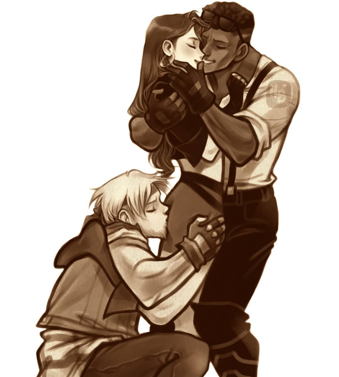 1girl 2boys adam_hunter axel_stone blaze_fielding boots earrings face_in_ass fingerless_gloves gloves hands_on_another&#039;s_face highres hug jacket jewelry multiple_boys sega shirt skirt streets_of_rage streets_of_rage_4 suspenders