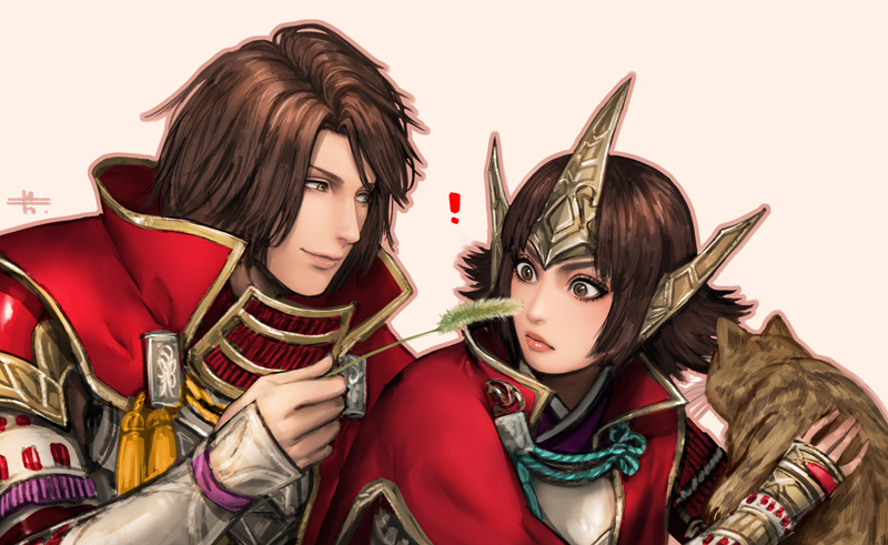 animal armor brown_eyes brown_hair cape cat holding holding_animal husband_and_wife lips lipstick makeup mitsuya sengoku_musou smile tachibana_ginchiyo tachibana_muneshige