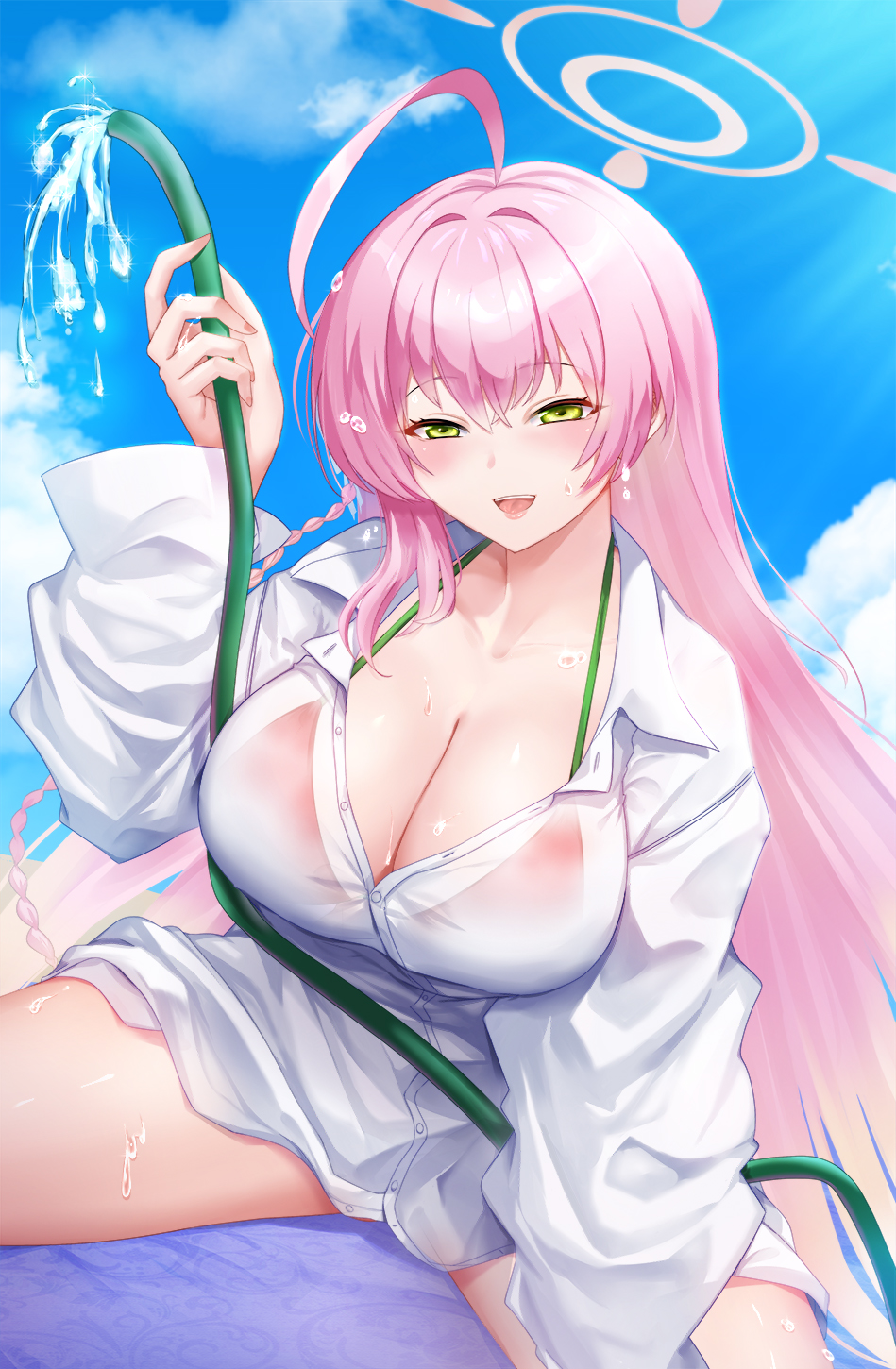 1girl ahoge bikini bikini_under_clothes blue_archive blue_sky blush braid breasts cleavage cloud cloudy_sky collarbone collared_shirt commentary commentary_request day dtcy green_eyes halo hanako_(blue_archive) hanako_(swimsuit)_(blue_archive) highres holding holding_hose hose large_breasts long_hair looking_at_viewer mixed-language_commentary open_mouth pink_bikini pink_hair pink_halo shirt sitting sky smile solo spread_legs swimsuit thighs water white_shirt