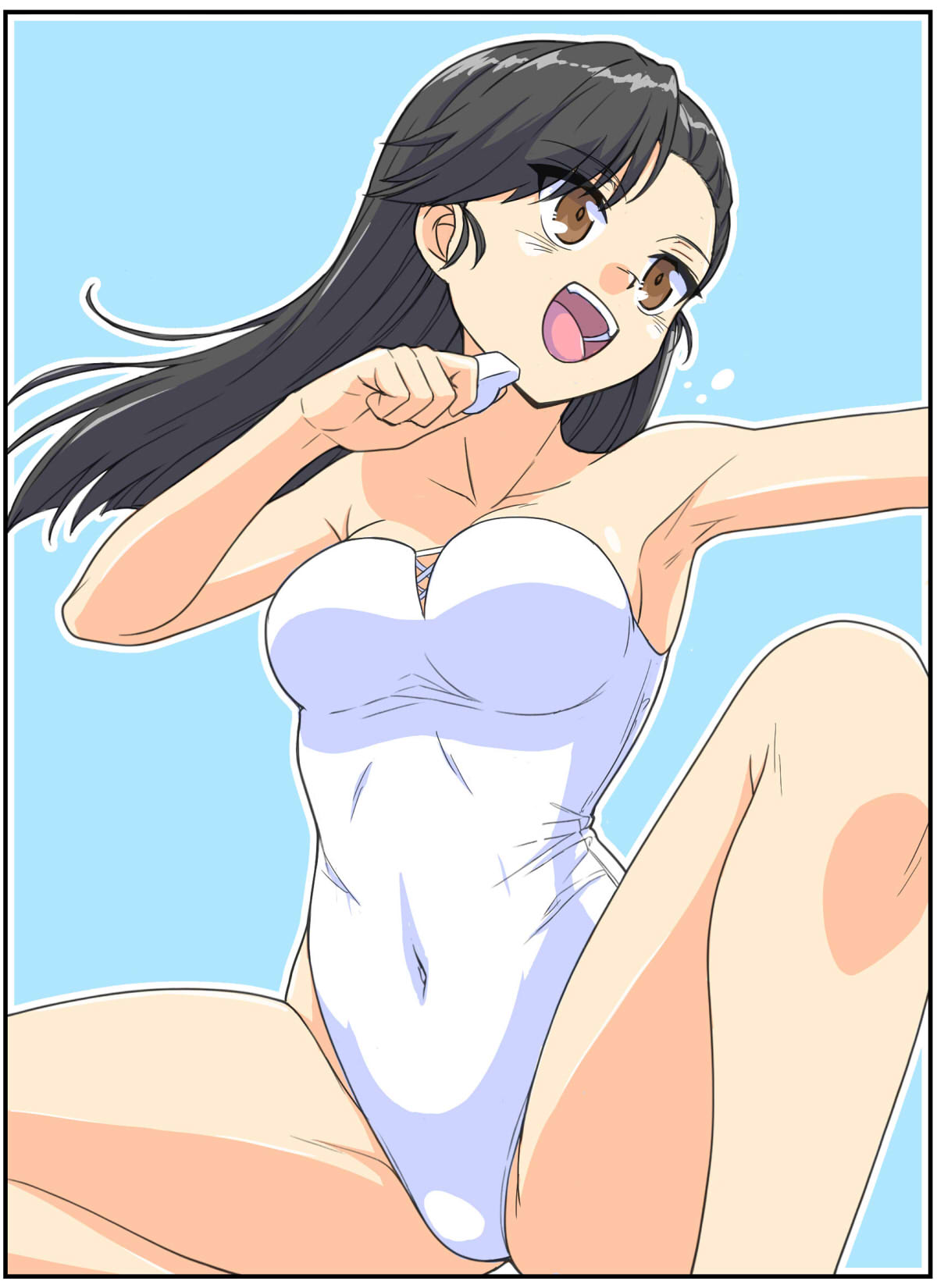1girl black_hair breasts brown_eyes collarbone girls_und_panzer highres holding holding_whistle long_hair nishi_kinuyo official_alternate_costume one-piece_swimsuit open_mouth renshiu smile strapless strapless_one-piece_swimsuit swimsuit thighs whistle white_one-piece_swimsuit