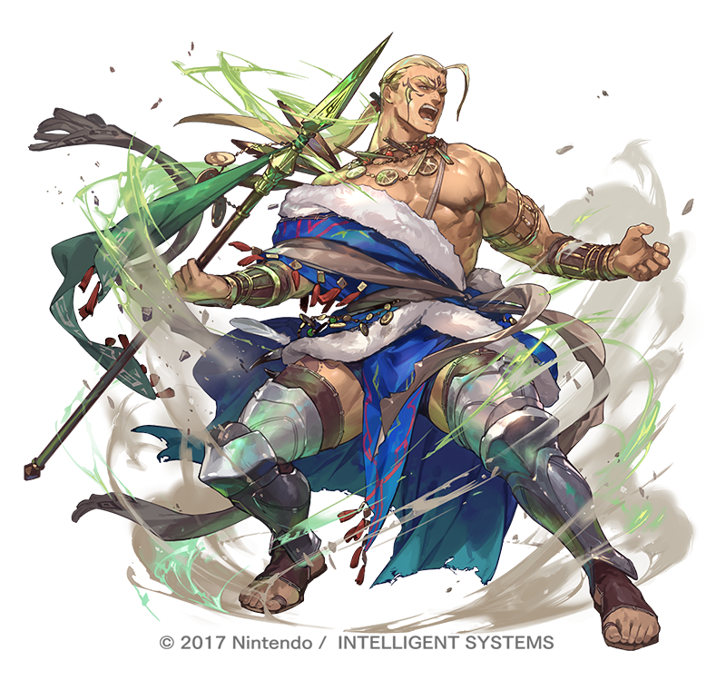 1boy armlet bare_pectorals blonde_hair dark-skinned_male dark_skin debris facial_tattoo fighting_stance fire_emblem fire_emblem:_the_binding_blade fire_emblem_heroes full_body fur_trim gold_necklace hawkeye_(fire_emblem) holding holding_polearm holding_weapon jewelry lance large_pectorals leg_armor long_hair male_focus muscular muscular_male necklace nintendo nipples official_art open_mouth pectorals polearm ponytail sandals so-taro solo tattoo thick_thighs thighs toes weapon white_background