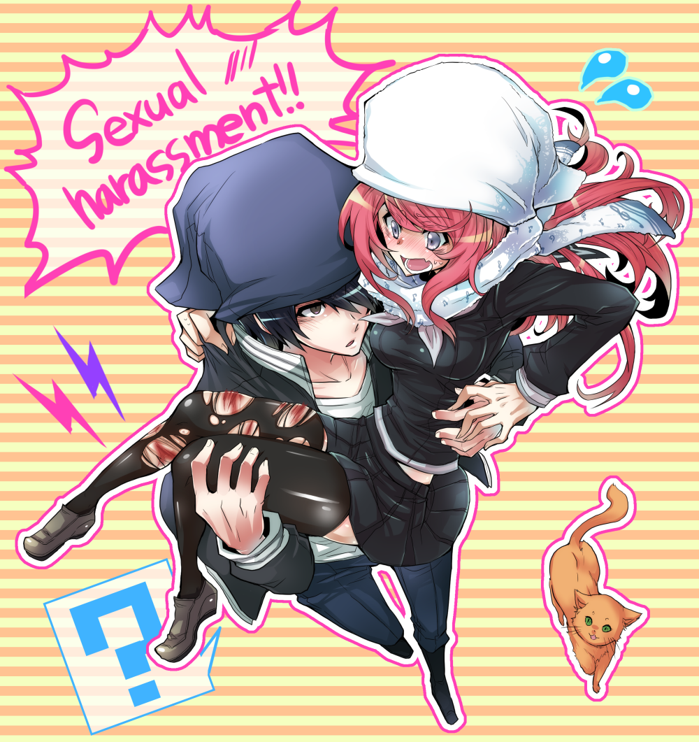 10s 1boy 1girl ban_airi beanie black_hair carrying devil_survivor_(series) devil_survivor_2 haoro hat long_hair princess_carry red_hair scarf short_hair striped_background torii_jungo