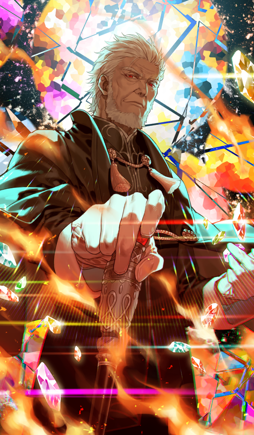 1boy beard black_cloak black_jacket broken cane cloak closed_mouth commentary cowboy_shot crack diffraction_spikes facial_hair fate/grand_order fate/stay_night fate_(series) floating from_below full_beard gem gloves glowing holding holding_cane jacket kazuki_yone kischur_zelretch_schweinorg light_smile looking_at_viewer magic male_focus official_art old old_man open_cloak open_clothes red_eyes short_hair solo tassel third-party_source white_facial_hair white_gloves white_hair wrinkled_skin