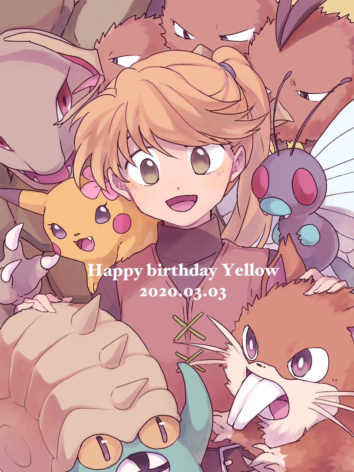 1girl :d black_shirt blonde_hair blush brown_eyes brown_tunic butterfree commentary dated dodrio fangs flower gen_1_pokemon golem_(pokemon) hair_flower hair_ornament happy_birthday highres long_hair nintendo omastar open_mouth pikachu pink_flower pokemon pokemon_(creature) pokemon_adventures ponytail raticate shirt smile swept_bangs tunic turtleneck turtleneck_shirt upper_body yellow_(pokemon) yui_ko