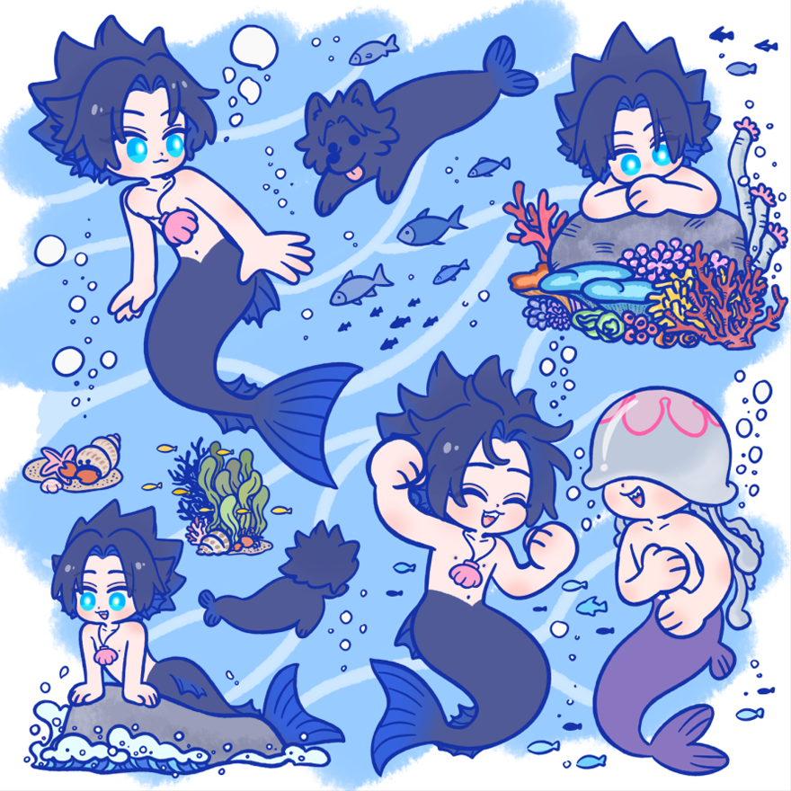 105zz 2boys :3 air_bubble animal animal_on_head arm_support arms_up black_hair blue_eyes bubble chibi chibi_only chinese_commentary clenched_hands closed_eyes coral covered_eyes crisis_core_final_fantasy_vii dancing final_fantasy final_fantasy_vii fish full_body happy hermit_crab jellyfish jewelry kunsel looking_down looking_to_the_side male_focus merman monster_boy monsterification multiple_boys multiple_views necklace on_head open_mouth seal_(animal) seaweed sharp_teeth shell shell_necklace short_hair smile spiked_hair teeth topless_male underwater zack_fair