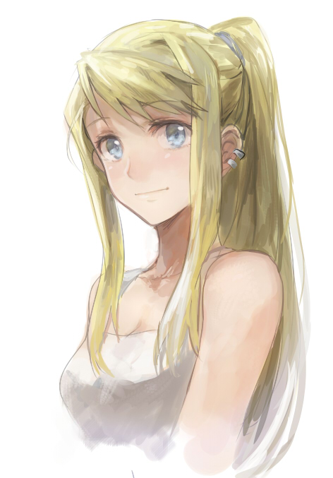 1girl arms_at_sides bare_shoulders blonde_hair blue_eyes close-up earrings female_focus fullmetal_alchemist jewelry long_hair ponytail riru shirt simple_background sleeveless sleeveless_shirt smile solo upper_body white_background white_shirt winry_rockbell