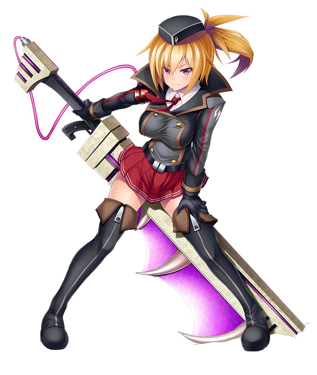 1girl asahi_(fullmetal_madness) black_boots black_gloves blonde_hair boots breasts buttons donna_burroughs double-breasted full_body garrison_cap gloves hand_on_own_leg hat highres holding holding_sword holding_weapon huge_weapon large_breasts official_art ponytail purple_eyes red_skirt second-party_source shirt skirt solo sword taimanin_(series) taimanin_asagi_kessen_arena weapon white_background white_shirt zipper_footwear
