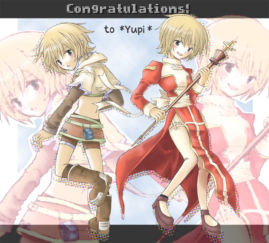 2000s_(style) 2girls back_bow blonde_hair blush boots bow brown_boots brown_shirt brown_shoes brown_shorts brown_skirt brown_socks commentary_request congratulations cropped_jacket dress frilled_thighhighs frills full_body garter_straps grey_eyes high_priest_(ragnarok_online) holding holding_staff hunter_(ragnarok_online) jacket juliet_sleeves layered_sleeves long_sleeves looking_at_viewer midriff miniskirt multiple_girls open_mouth puffy_sleeves ragnarok_online red_dress sash shirt shoes short_hair short_over_long_sleeves short_shorts short_sleeves shorts shorts_under_skirt skirt smile socks staff thighhighs two-tone_dress white_bow white_dress white_jacket white_sash white_thighhighs yuina_(yuina_h) zoom_layer