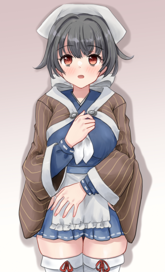 1girl apron bandana black_hair blue_sailor_collar blue_serafuku breasts brown_shawl cowboy_shot gradient_background hair_between_eyes hair_flaps hair_ornament hairband hairclip jingei_(kancolle) kantai_collection kitagawa_mikio large_breasts long_hair looking_at_viewer low_ponytail neckerchief open_mouth pink_background ponytail red_eyes sailor_collar school_uniform serafuku shawl skirt solo thighhighs two-tone_hairband waist_apron whale_hair_ornament white_apron white_bandana white_neckerchief white_thighhighs