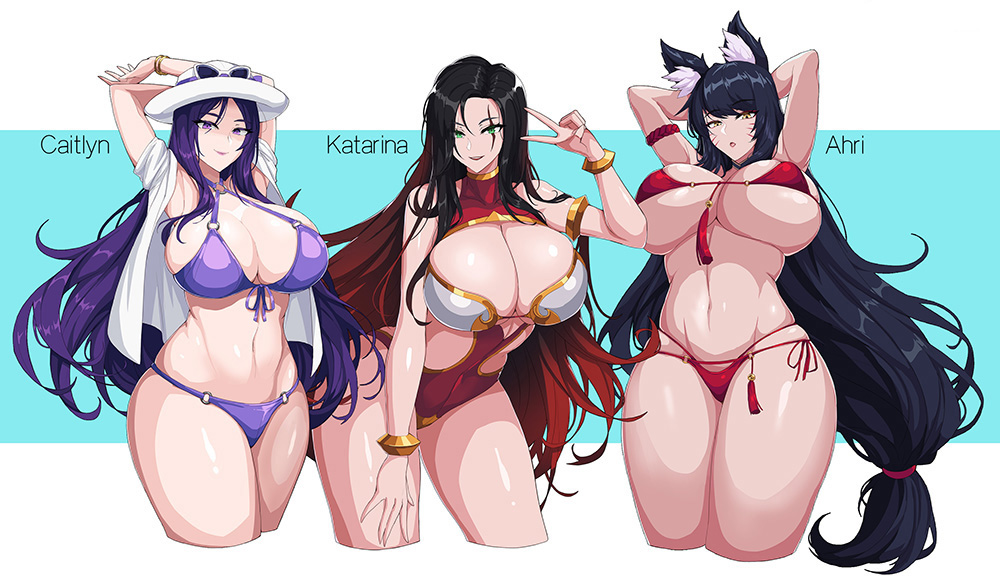 3girls ahri_(league_of_legends) animal_ear_fluff animal_ears arm_strap arms_behind_head bikini black_hair bracelet breasts caitlyn_(league_of_legends) character_name cleavage covered_navel cropped_legs eyewear_on_headwear fox_ears gradient_hair hat hella_p huge_breasts jewelry katarina_(league_of_legends) large_breasts league_of_legends leaning_forward long_hair looking_down low-tied_long_hair micro_bikini midriff multicolored_hair multiple_girls navel one-piece_swimsuit pool_party_caitlyn purple_bikini purple_eyes purple_hair red_bikini red_hair scar scar_across_eye scar_on_face sunglasses swimsuit underboob v very_long_hair warring_kingdoms_katarina white_headwear yellow_eyes