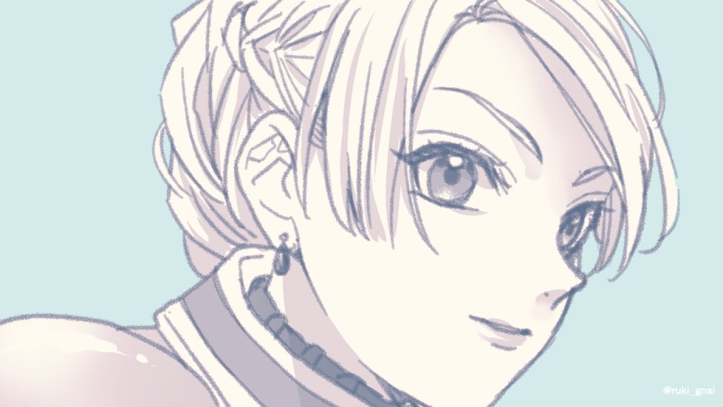 1girl armor braid chris_lightfellow closed_mouth earrings french_braid gensou_suikoden gensou_suikoden_iii jewelry looking_at_viewer monochrome portrait ruki_gnsi short_hair simple_background single_earring smile solo white_hair