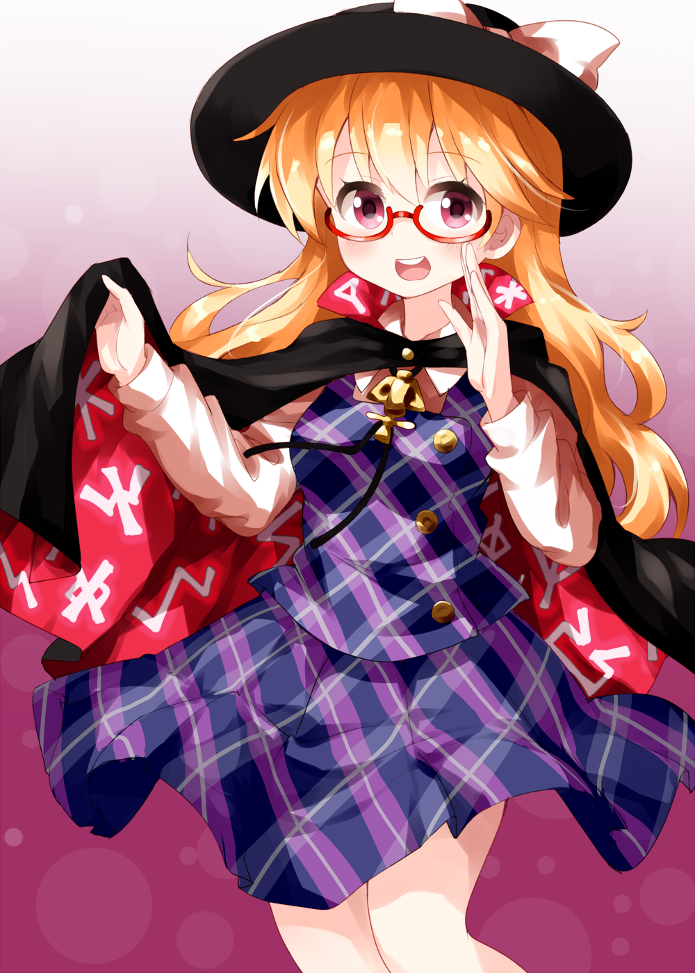 1girl black_cape black_hat blonde_hair bow buttons cape clothes_writing clownpiece collared_shirt cosplay cowboy_shot fedora glasses gradient_background hair_between_eyes hat hat_bow highres holding holding_unworn_cape holding_unworn_clothes long_hair long_sleeves looking_at_viewer open_mouth plaid_clothes plaid_skirt plaid_vest purple_skirt purple_vest quimbaya_airplane red-framed_eyewear red_background red_eyes runes ruu_(tksymkw) semi-rimless_eyewear shirt skirt smile solo standing teeth touhou under-rim_eyewear unworn_cape usami_sumireko usami_sumireko_(cosplay) vest white_bow white_shirt