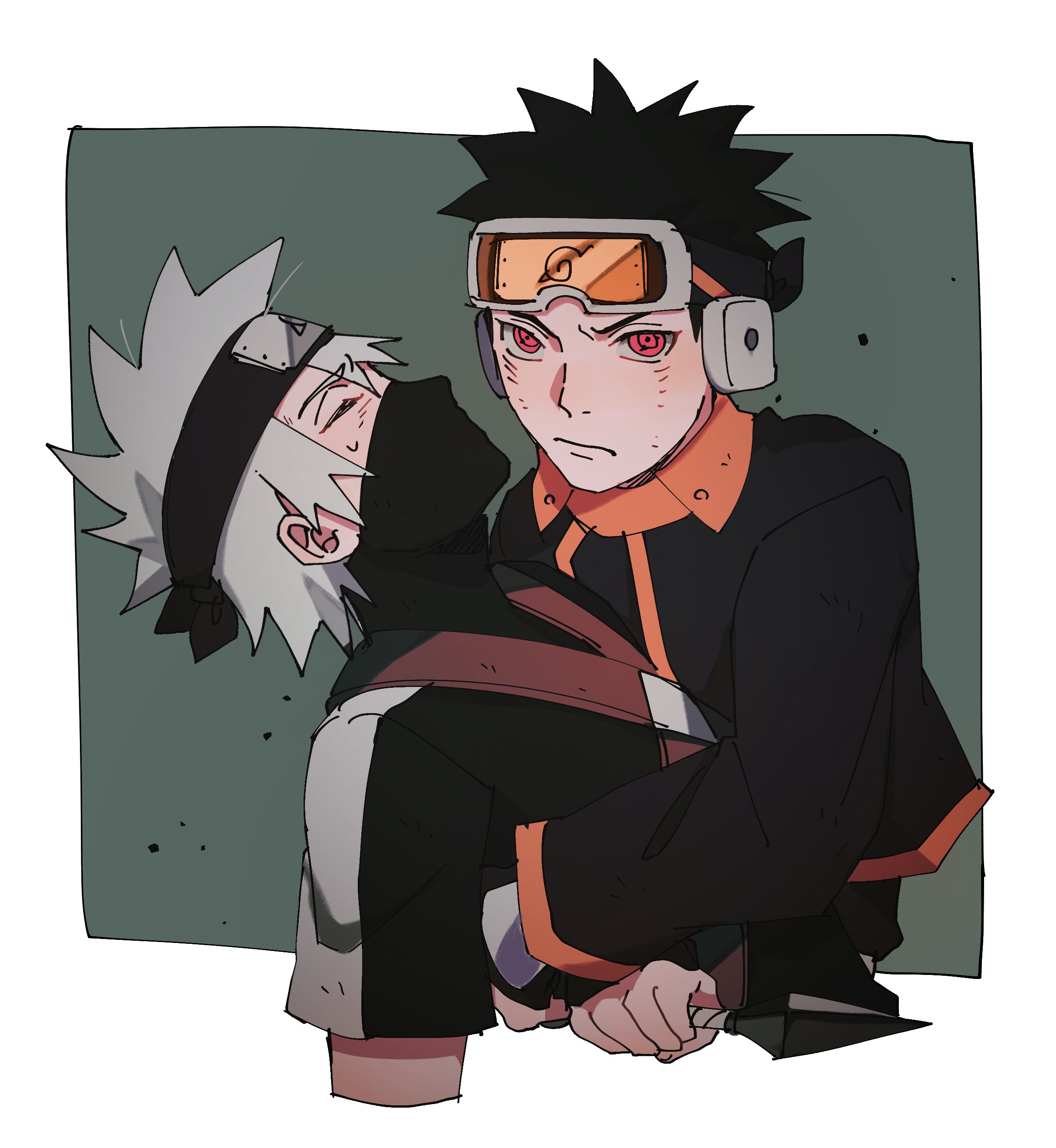 2boys absurdres aged_down black_hair closed_eyes closed_mouth commentary english_commentary forehead_protector frown goggles goggles_on_head grey_hair hatake_kakashi highres holding holding_kunai holding_weapon hug jacket kunai long_sleeves male_focus mask mouth_mask multiple_boys naruto_(series) naruto_shippuuden red_eyes seirorath sharingan short_hair short_sleeves spiked_hair sweat uchiha_obito v-shaped_eyebrows weapon