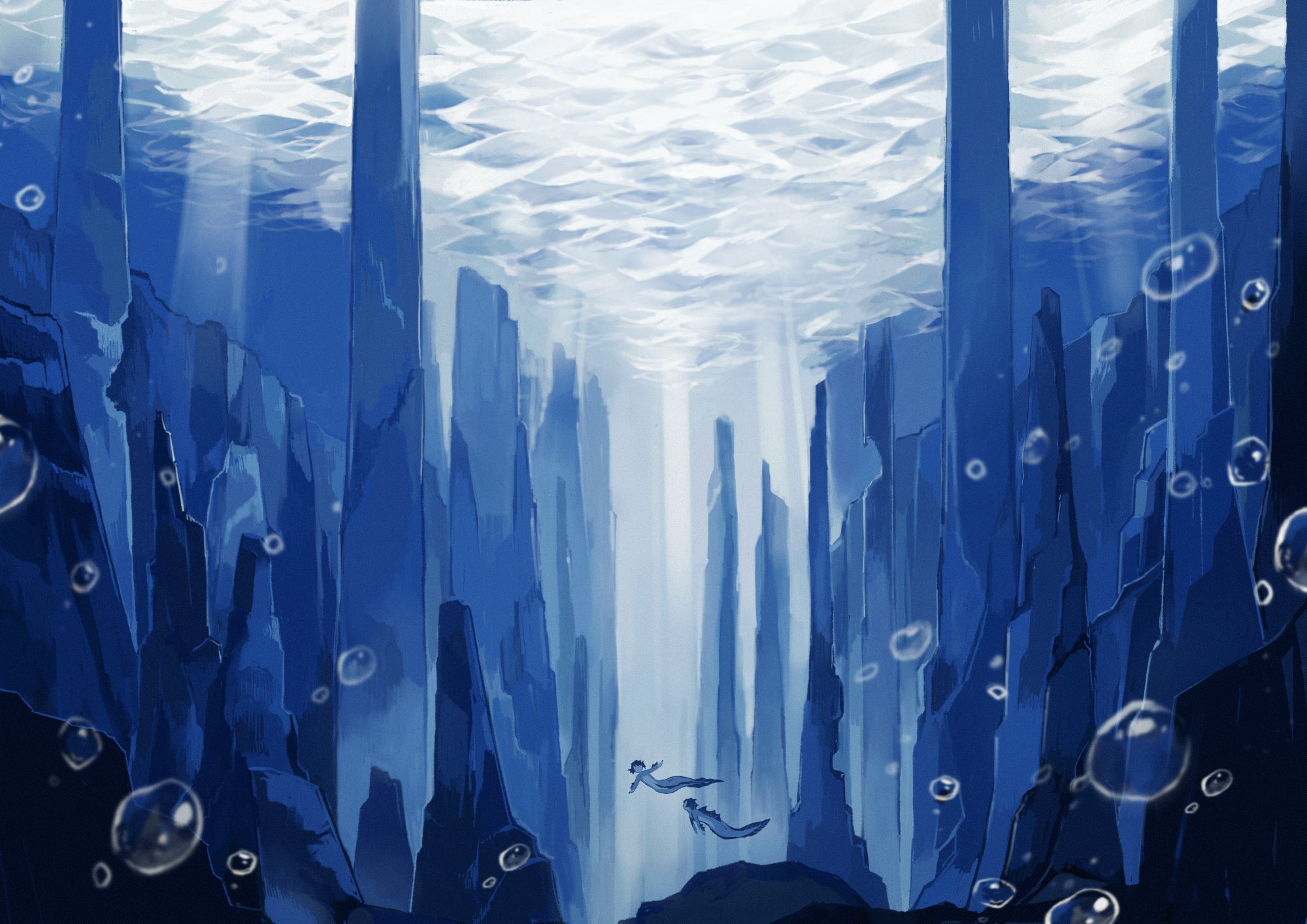 2boys blue_theme bubble cliff commentary_request floyd_leech full_body highres jade_leech merman monster_boy multiple_boys scenery stalagmite twisted_wonderland underwater water waterfall yoi0763