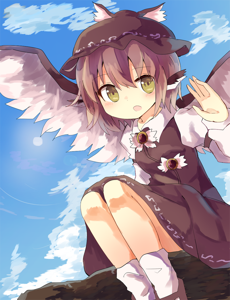 1girl animal_ears bad_id bad_nicoseiga_id bird_ears bird_wings blush brown_dress brown_hat brown_shoes dress hair_between_eyes hat long_sleeves mystia_lorelei open_mouth pink_hair shoes short_hair sleeve_garter socks solo to-den_(v-rinmiku) touhou white_socks white_wings winged_hat wings yellow_eyes