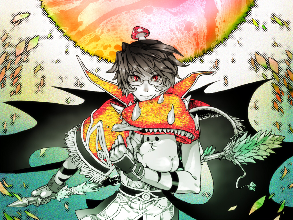 1boy belt brown_hair capelet closed_mouth commentary_request fingerless_gloves fur-trimmed_capelet fur_trim glasses gloves high_wizard_(ragnarok_online) holding holding_staff limited_palette looking_at_viewer male_focus mushroom mushroom_on_head orange_capelet ragnarok_online semi-rimless_eyewear shirt short_hair smile solo spore_(ragnarok_online) staff tokiwa_tsuneba under-rim_eyewear upper_body wings