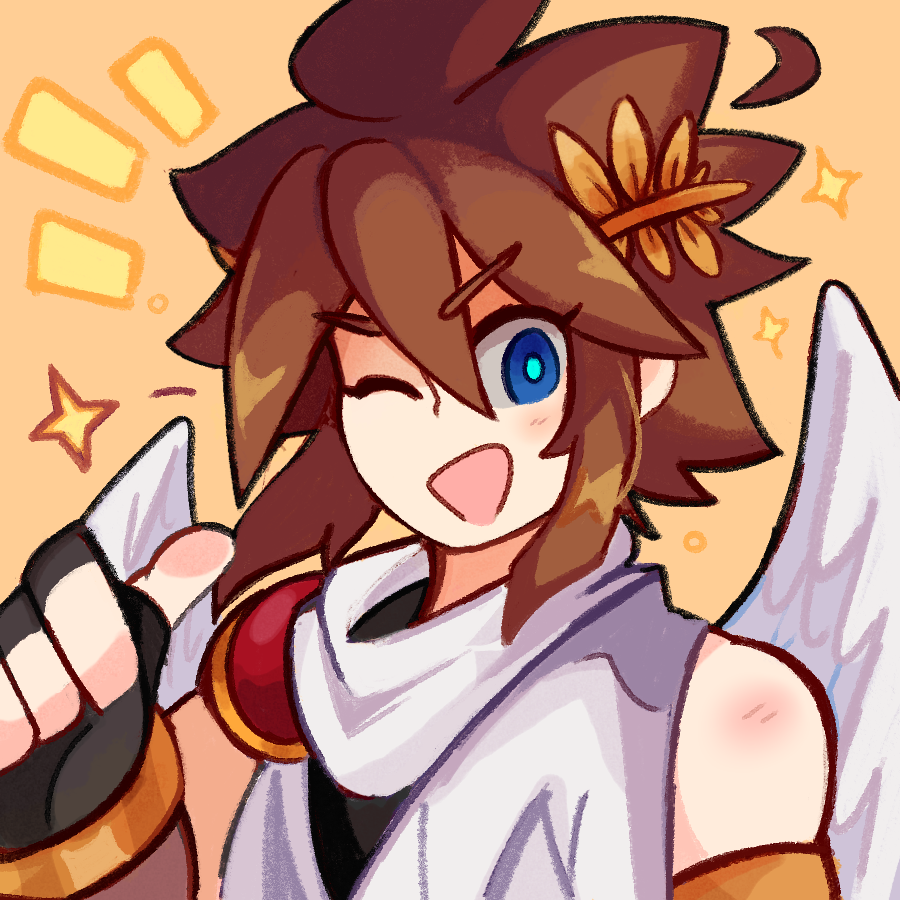1boy ahoge angel angel_wings blue_eyes brown_hair detached_ahoge homriette kid_icarus kid_icarus_uprising looking_at_viewer male_focus nintendo one_eye_closed open_mouth orange_background pit_(kid_icarus) sparkle upper_body wings