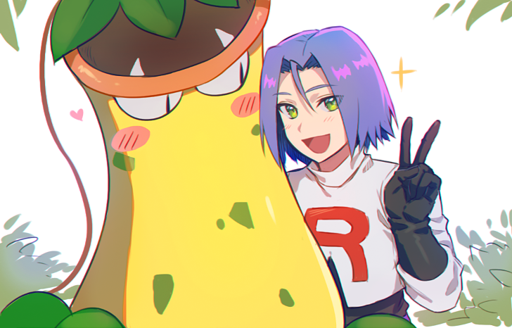 1boy apple_brk black_gloves blue_hair blush gen_1_pokemon gloves green_eyes james_(pokemon) looking_at_viewer male_focus nintendo open_mouth pokemon pokemon_(anime) pokemon_(classic_anime) pokemon_(creature) smile team_rocket team_rocket_uniform victreebel white_background