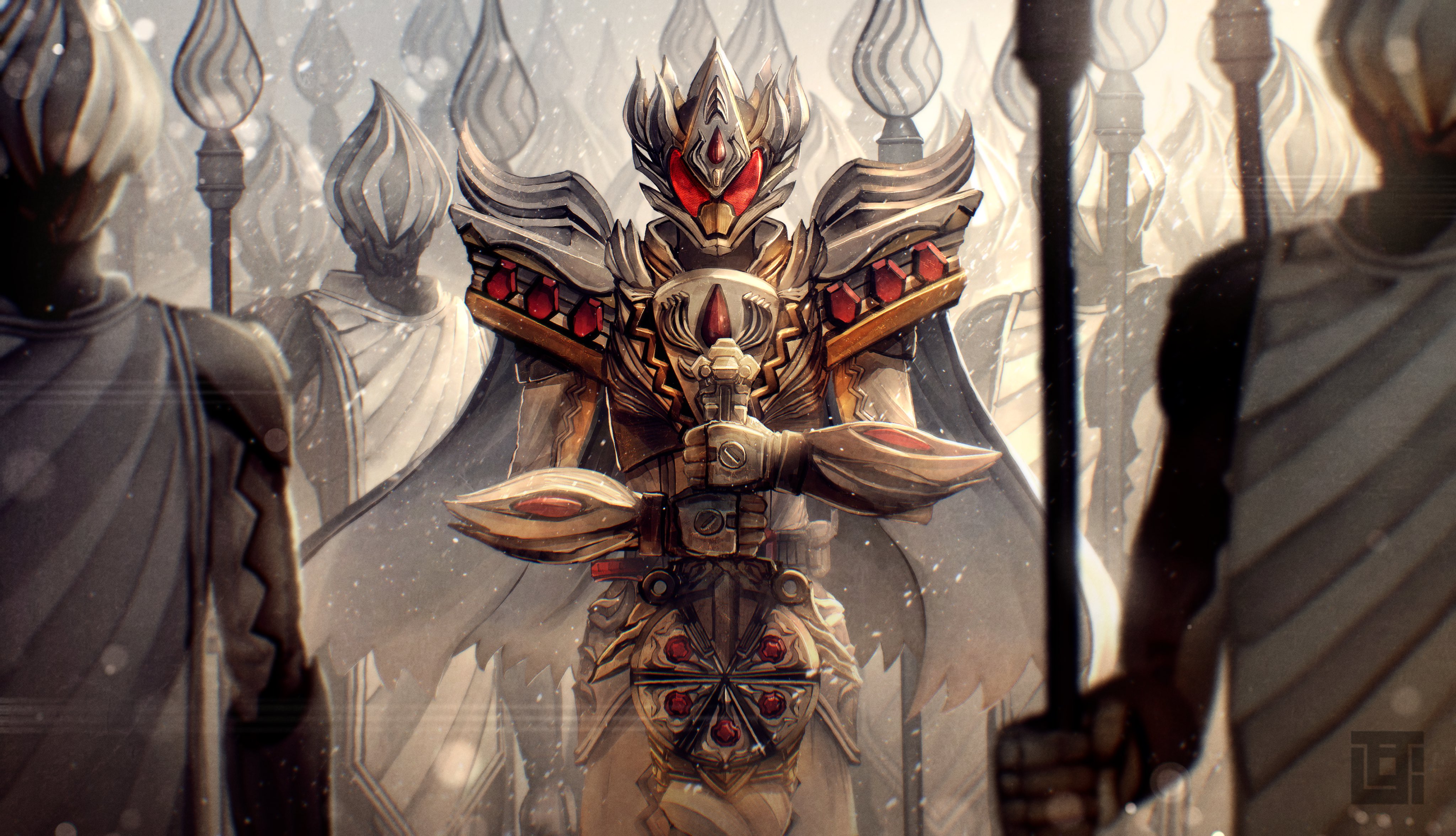 1girl absurdres armor army artist_logo caking cape gavvwhipir highres holding holding_polearm holding_sword holding_weapon kamen_rider kamen_rider_gavv kamen_rider_gavv_(caking_form) kamen_rider_gavv_(series) kozsen_810290 logo male_focus polearm spear sword tabard weapon whip_soldier white_cape white_tabard