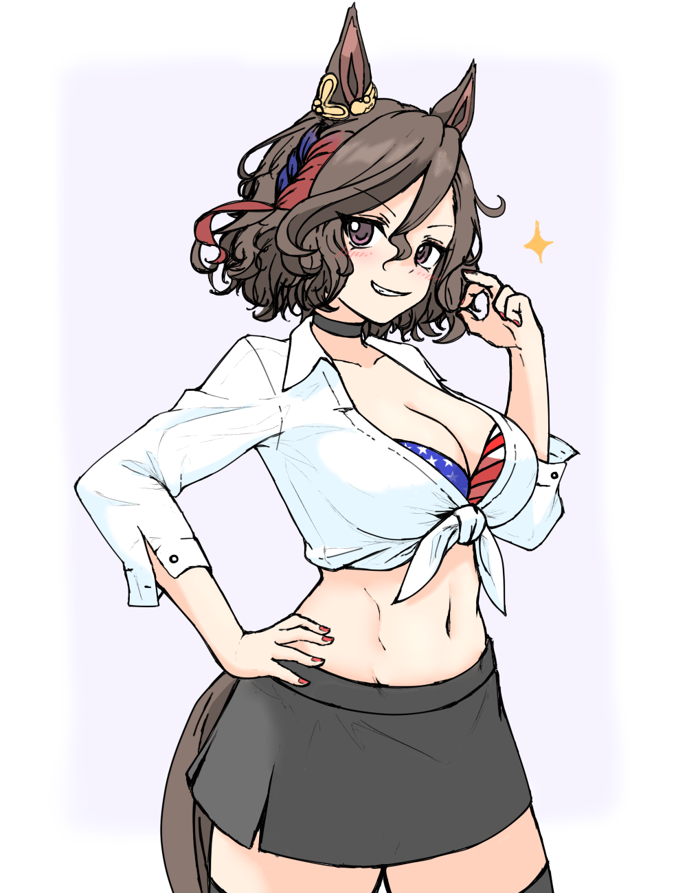 1girl alternate_costume american_flag_bra amesuku_gyaru animal_ears black_choker black_skirt black_thighhighs blue_hair blush border breasts brown_hair choker commentary_request cowboy_shot ear_ornament grin gyaru hair_between_eyes hand_on_own_hip highres horse_ears horse_girl horse_tail ichimisan kogal multicolored_hair nail_polish navel ok_sign one_eye_closed pencil_skirt purple_background purple_eyes red_hair red_nails shirt short_hair short_sleeves simple_background skirt smile solo sparkle streaked_hair tail tap_dance_city_(umamusume) thighhighs tied_shirt umamusume white_background white_border white_hair white_shirt