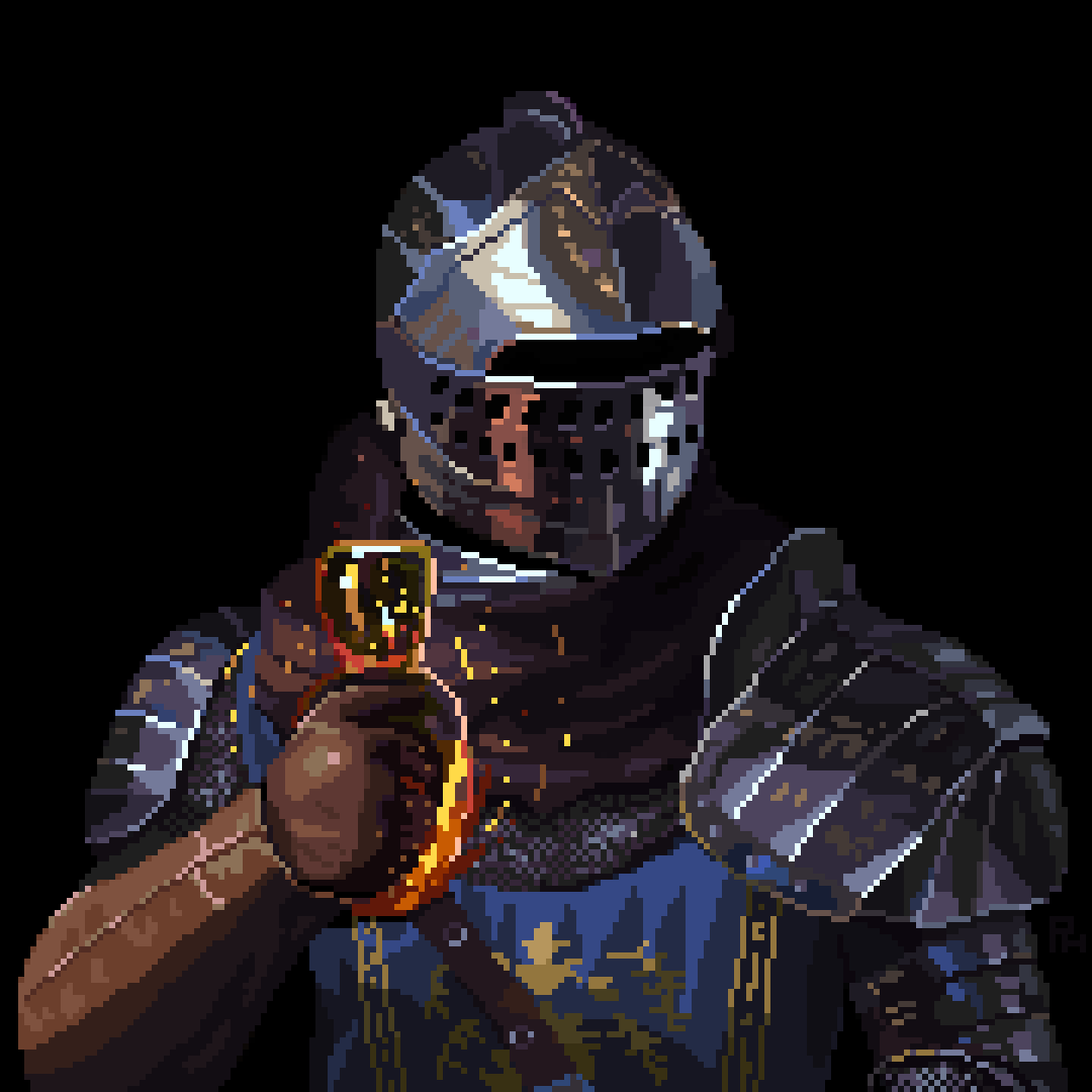 1other ambiguous_gender black_background brown_gloves dark_souls_(series) estus_flask gloves helm helmet holding pixel_hagl shoulder_plates simple_background solo upper_body