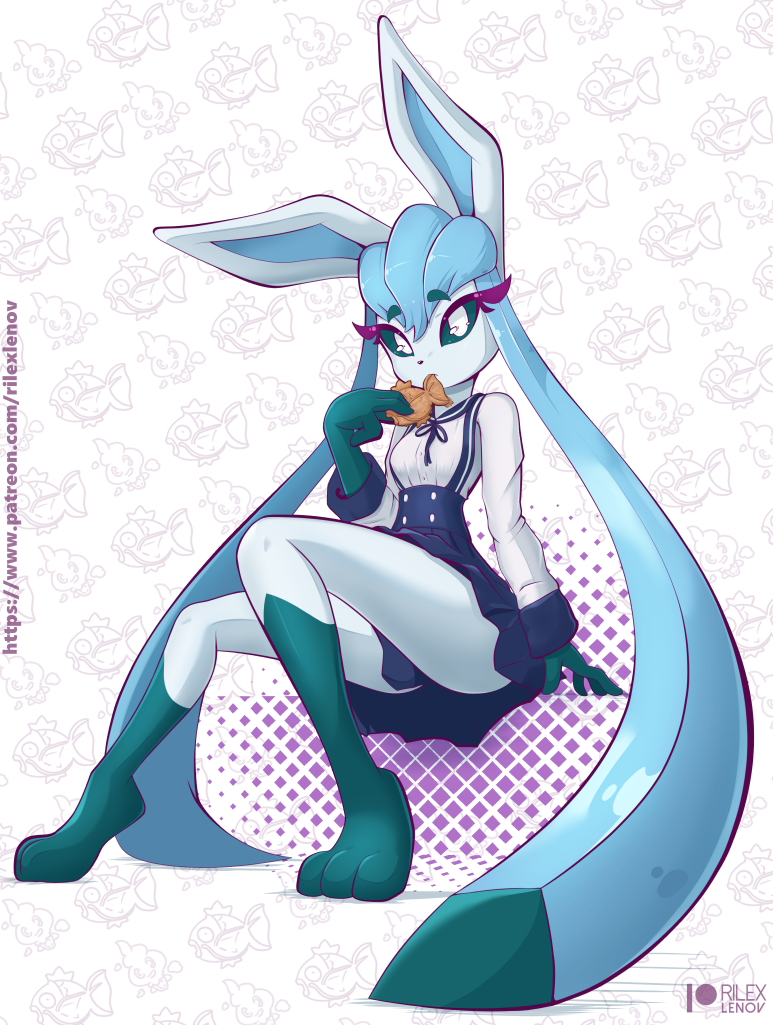 1girl blue_eyes blue_fur blue_hair body_fur female_focus food food_focus furry furry_female gen_1_pokemon gen_4_pokemon gen_5_pokemon glaceon looking_at_viewer magikarp nintendo pokemon pokemon_(creature) rilex_lenov sitting skirt solo vanillite video_game