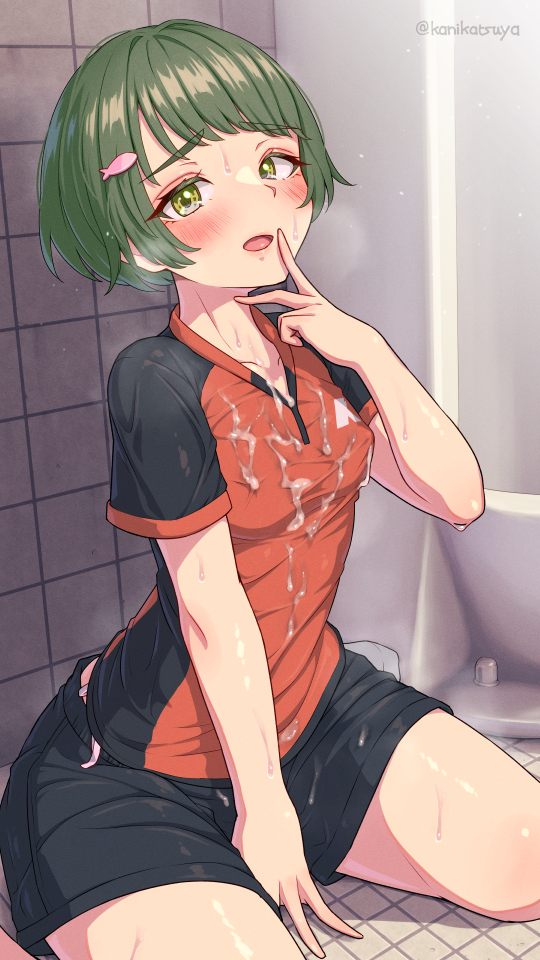 1girl bathroom blush breasts clothes collarbone collared_shirt covered_erect_nipples cum cum_on_body cum_on_clothes cum_on_upper_body fingers_to_mouth fish_hair_ornament green_eyes green_hair hair_ornament kanikatsuya looking_at_viewer on_floor orange_shirt original panties public_restroom shirt short_hair shorts sitting small_breasts socks solo solo_focus sportswear string_panties sweat thighs toilet tongue two-tone_shirt underwear urinal