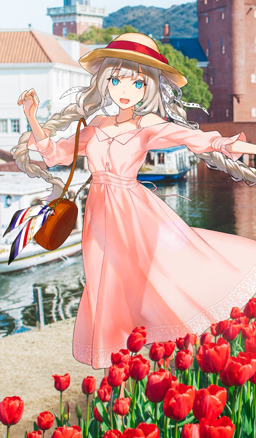 1girl architecture bag blue_eyes boat braid breasts brown_bag building buttons commentary day dress fate/grand_order fate_(series) feet_out_of_frame flower ginka_sima hair_ribbon hand_up hat hat_ribbon huis_ten_bosch jewelry long_dress long_hair long_sleeves looking_at_viewer marie_antoinette_(fate) marie_antoinette_(under_the_same_sky)_(fate) off-shoulder_dress off_shoulder official_art open_mouth outdoors outstretched_arm pendant photo_background pink_dress red_flower red_ribbon red_tulip ribbon shoulder_bag sky small_breasts smile solo standing sun_hat sunlight third-party_source tree tulip twin_braids very_long_hair water watercraft white_hair