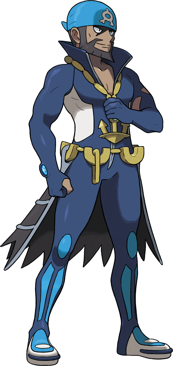 1boy anchor_necklace archie_(pokemon) bandana beard belt black_eyes blue_bandana blue_bodysuit bodysuit brown_hair clenched_hand closed_mouth dark-skinned_male dark_skin diving_suit facial_hair highres holding holding_jewelry holding_necklace jewelry male_focus necklace nintendo official_art oomura_yuusuke pokemon pokemon_oras popped_collar short_hair smile solo standing team_aqua transparent_background waist_cape wetsuit