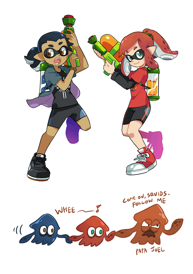 1boy 2girls bike_shorts blue_hair brown_eyes crossover ellie_(the_last_of_us) english_text fangs freckles gomipomi green_eyes ink_tank_(splatoon) inkling inkling_player_character joel_(the_last_of_us) multiple_girls nintendo open_mouth orange_hair pointy_ears riley_(the_last_of_us) riley_abel shoes simple_background sneakers splatoon_(series) splatoon_1 splattershot_(splatoon) tentacle_hair the_last_of_us the_last_of_us_(series)