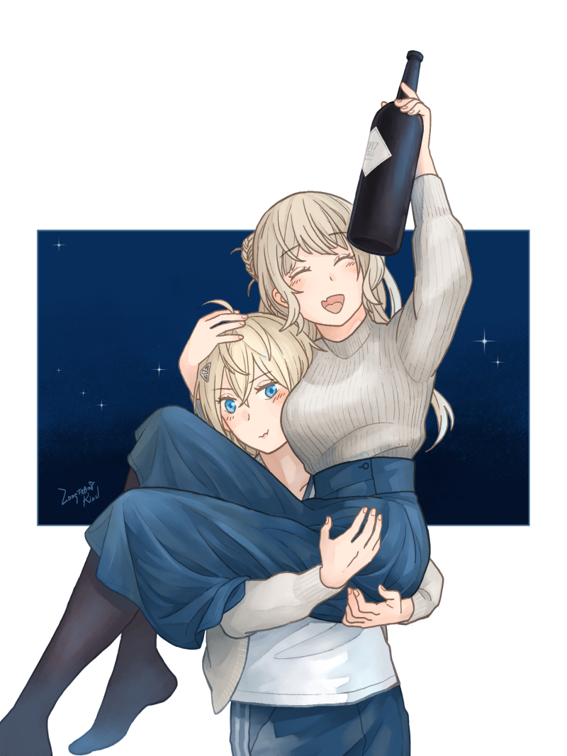 2girls black_pantyhose blonde_hair blue_eyes blue_skirt bottle carrying carrying_person closed_eyes double_bun grey_sweater hair_between_eyes hair_bun hair_ornament hairclip holding holding_bottle kantai_collection long_hair long_sleeves medium_hair multiple_girls open_mouth pantyhose ranger_(kancolle) riku-a shirt skirt smile sweater tuscaloosa_(kancolle) white_shirt wine_bottle