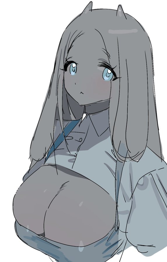 1girl blue_eyes blush breasts cleavage cleavage_cutout closed_mouth clothing_cutout collared_shirt dark_skin eeeeee03714610 forehead horns huge_breasts large_breasts long_hair long_sleeves looking_at_viewer parted_bangs pout shirt simple_background sketch solo upper_body white_background
