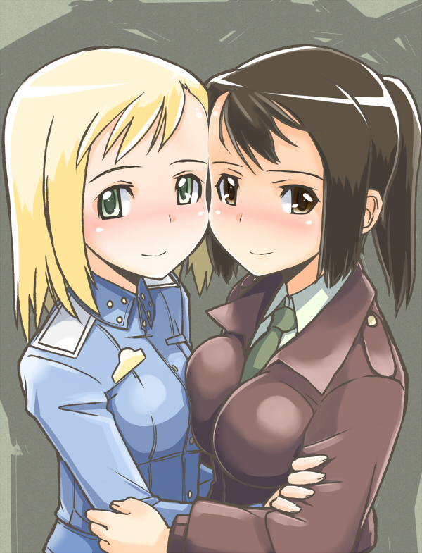 2girls asymmetrical_docking blonde_hair blush breast_press breasts brown_eyes brown_hair buttons cheek-to-cheek collared_shirt elma_leivonen formal_clothes geena_preddy green_eyes grey_background heads_together large_breasts long_hair long_sleeves looking_at_viewer military military_uniform multiple_girls necktie noble_witches ponytail shirt simple_background small_breasts smile strike_witches strike_witches:_suomus_misfits_squadron suit tareme vt_(ytoh02) world_witches_series yuri