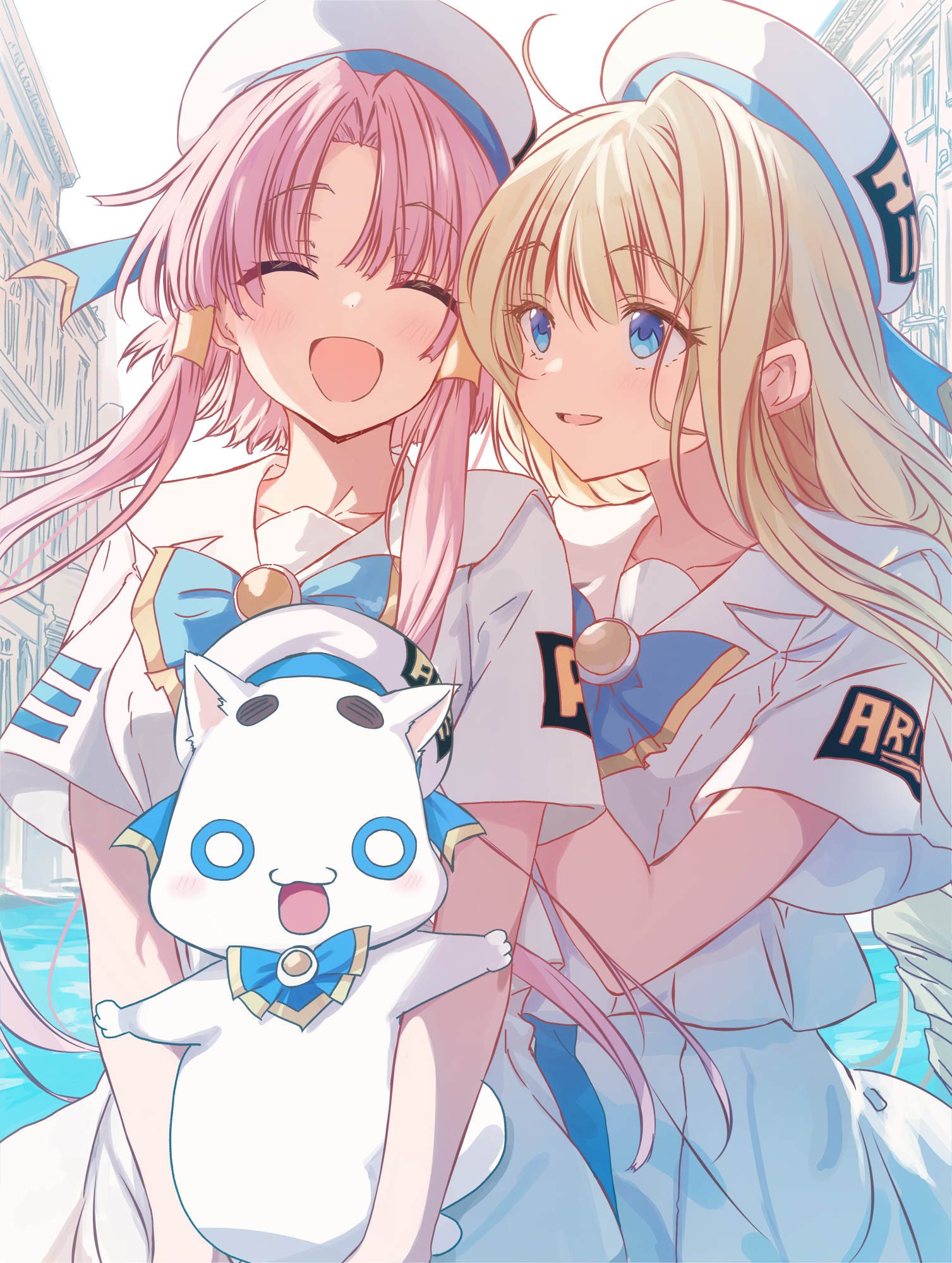 2girls :d alicia_florence animal aria_(manga) aria_company_uniform aria_pokoteng blonde_hair blue_bow blue_bowtie blue_eyes blush bow bowtie cat closed_eyes cutlass_(classic_chocolate) day dress facing_viewer hair_ornament hat highres holding holding_animal holding_cat long_hair mizunashi_akari multiple_girls open_mouth outdoors parted_bangs pink_hair sailor_collar sailor_dress sailor_hat short_hair_with_long_locks short_sleeves smile white_dress white_hat white_sailor_collar