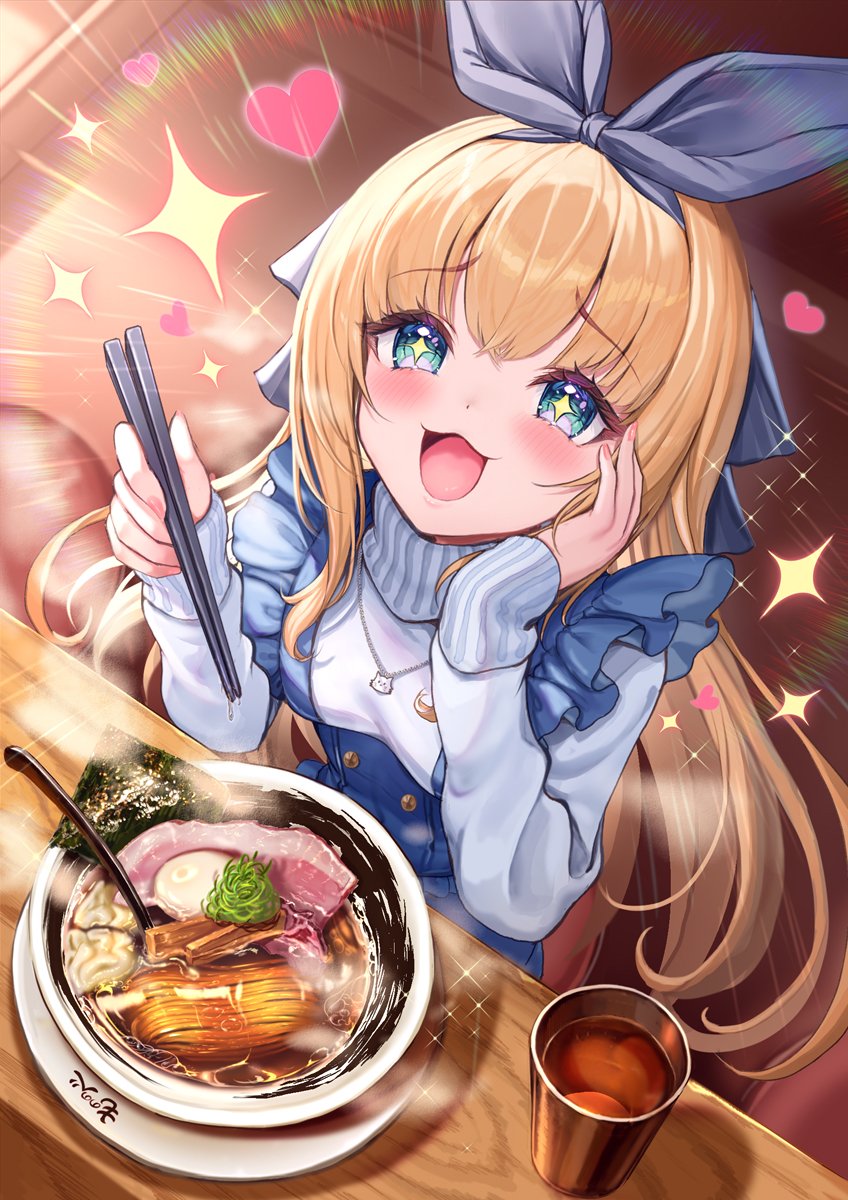 +_+ 1girl akabane_(zebrasmise) black_ribbon blonde_hair blue_overalls blush char-siu chopsticks cup food green_eyes hair_ribbon heart highres jewelry long_hair mononobe_alice necklace nijisanji noodles overalls ramen ribbon seaweed shirt sleeves_past_wrists solo table tea virtual_youtuber white_shirt