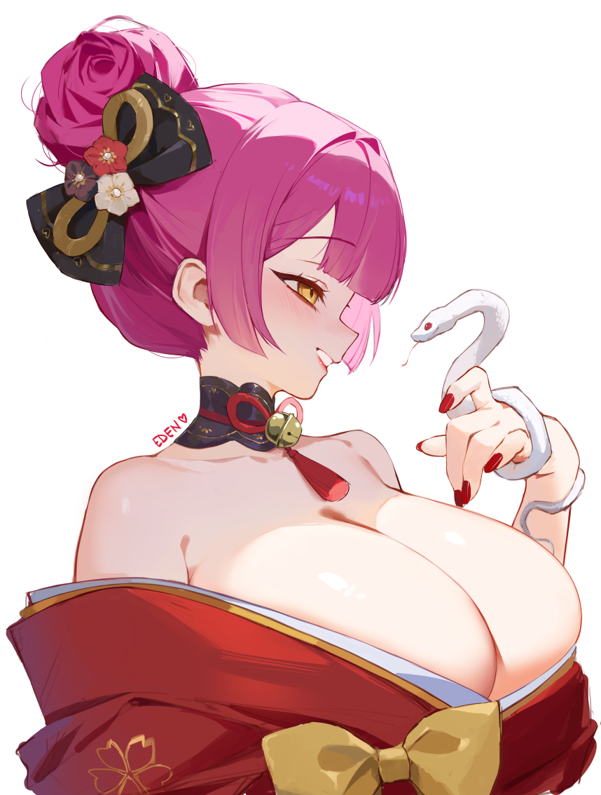 1girl artist_name breasts chinese_zodiac cleavage commentary eden_(shiroki_yuutsu) english_commentary hair_bun huge_breasts japanese_clothes kimono nail_polish off_shoulder open_mouth original pink_hair simple_background smile snake solo upper_body vanilla_(eden_(shiroki_yuutsu)) white_background year_of_the_snake yellow_eyes