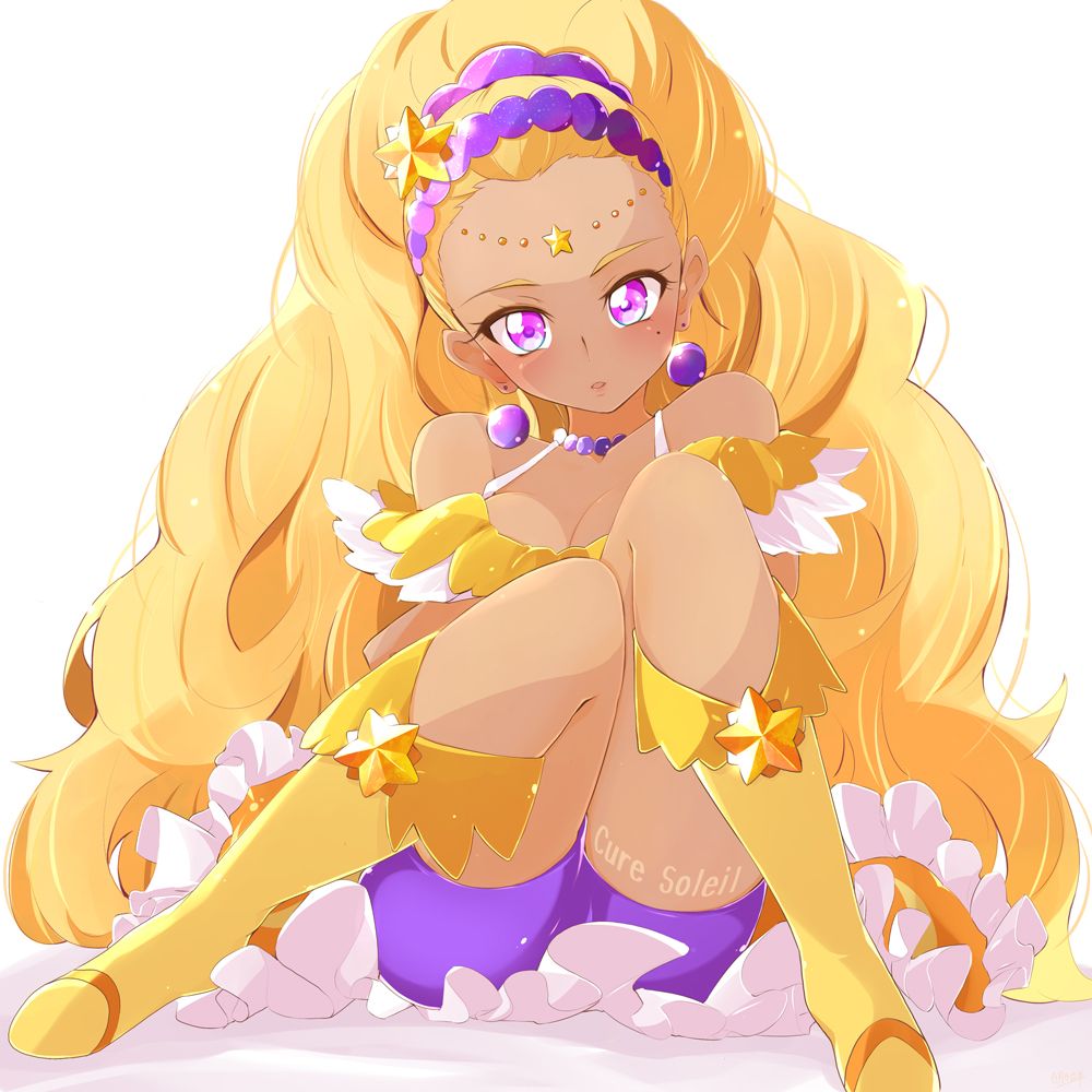 1girl amamiya_elena ashita_wa_hitsuji bike_shorts blonde_hair boots breasts character_name cleavage commentary_request cure_soleil dark-skinned_female dark_skin female_focus long_hair looking_at_viewer medium_breasts mole mole_under_eye pink_eyes precure purple_shorts shorts simple_background sitting solo star_(symbol) star_twinkle_precure very_long_hair white_background yellow_boots
