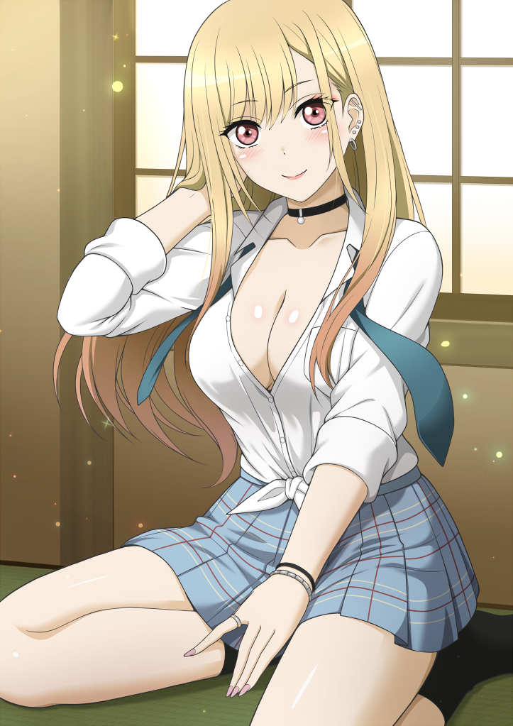 1girl arm_up barbell_piercing black_choker blonde_hair bracelet breasts choker cleavage closed_mouth collarbone dot_nose ear_piercing earrings gyaru hand_in_own_hair indoors industrial_piercing jewelry kitagawa_marin large_breasts long_hair looking_at_viewer miniskirt nail_polish necktie on_floor piercing pink_eyes pink_nails plaid_clothes plaid_skirt ring school_uniform shibata_rai shirt shirt_tucked_in sitting skirt smile solo sono_bisque_doll_wa_koi_wo_suru thighs tied_shirt undone_necktie white_shirt window