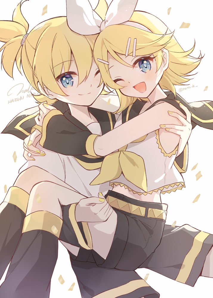 1boy 1girl :d arms_around_neck belt black_sailor_collar black_shorts blonde_hair blue_eyes blush bow_hairband carrying confetti cropped_shirt detached_sleeves feet_out_of_frame hair_ornament hair_tie hairband hairpin hashtag-only_commentary hazuki_natsu kagamine_len kagamine_rin leg_warmers looking_at_viewer medium_hair midriff nail_polish neckerchief one_eye_closed open_mouth parted_bangs princess_carry sailor_collar shirt short_shorts short_sleeves shorts sidelocks signature sleeveless sleeveless_shirt smile twitter_username vocaloid white_background white_hairband white_shirt yellow_belt yellow_nails yellow_neckerchief