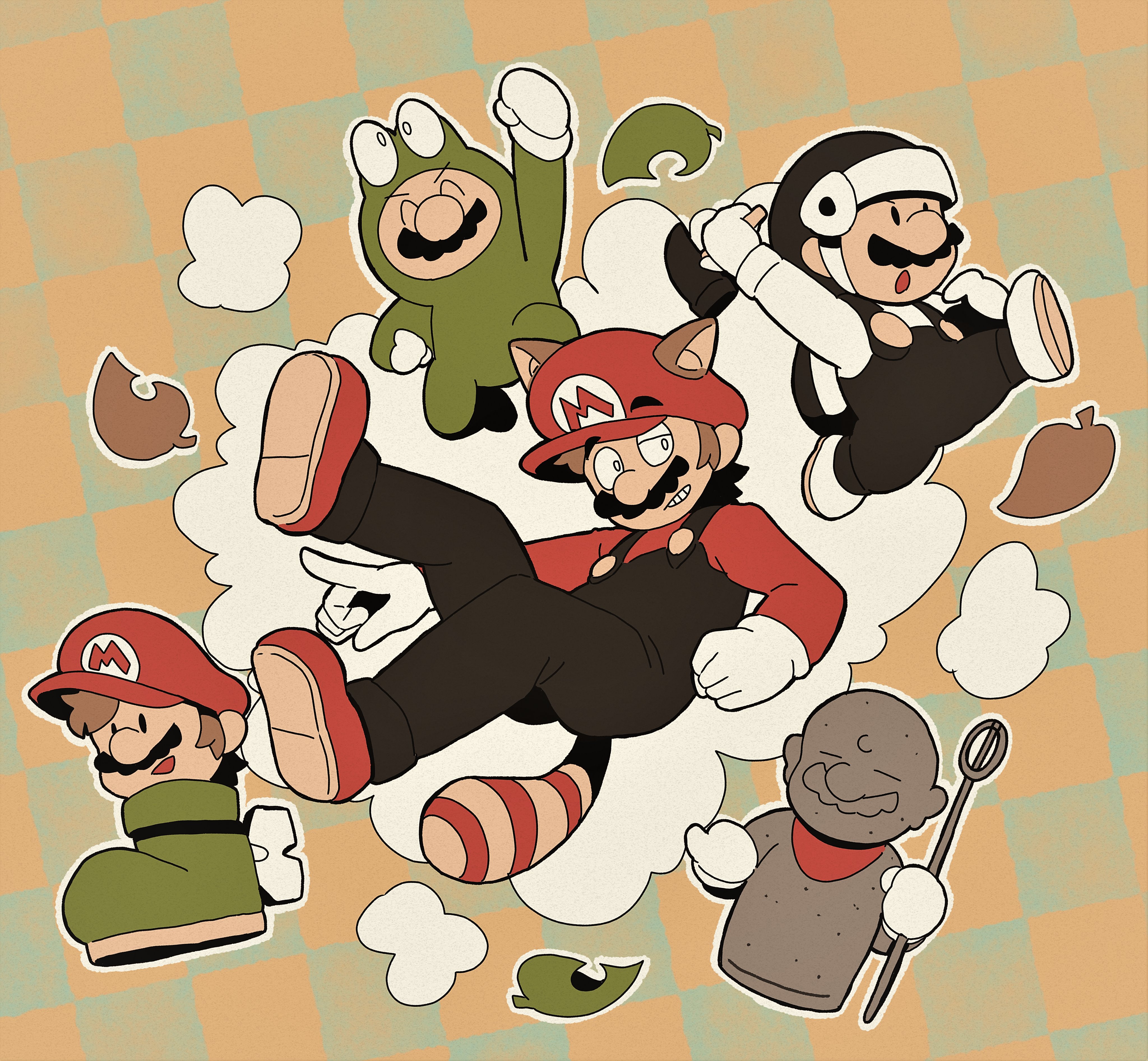 1boy absurdres animal_costume animal_ears black_overalls brown_hair clenched_hand eyebrows_visible_through_hat facial_hair frog_costume frog_mario hammer_mario hat helmet highres holding holding_staff kuribo's_shoe leaf looking_to_the_side male_focus mario mario_(series) multiple_views mustache nintendo omura_zojiki open_mouth overalls raccoon_ears raccoon_mario raccoon_tail red_headwear shoes staff statue super_leaf super_mario_bros._3 tail tanooki_mario tanuki_mario