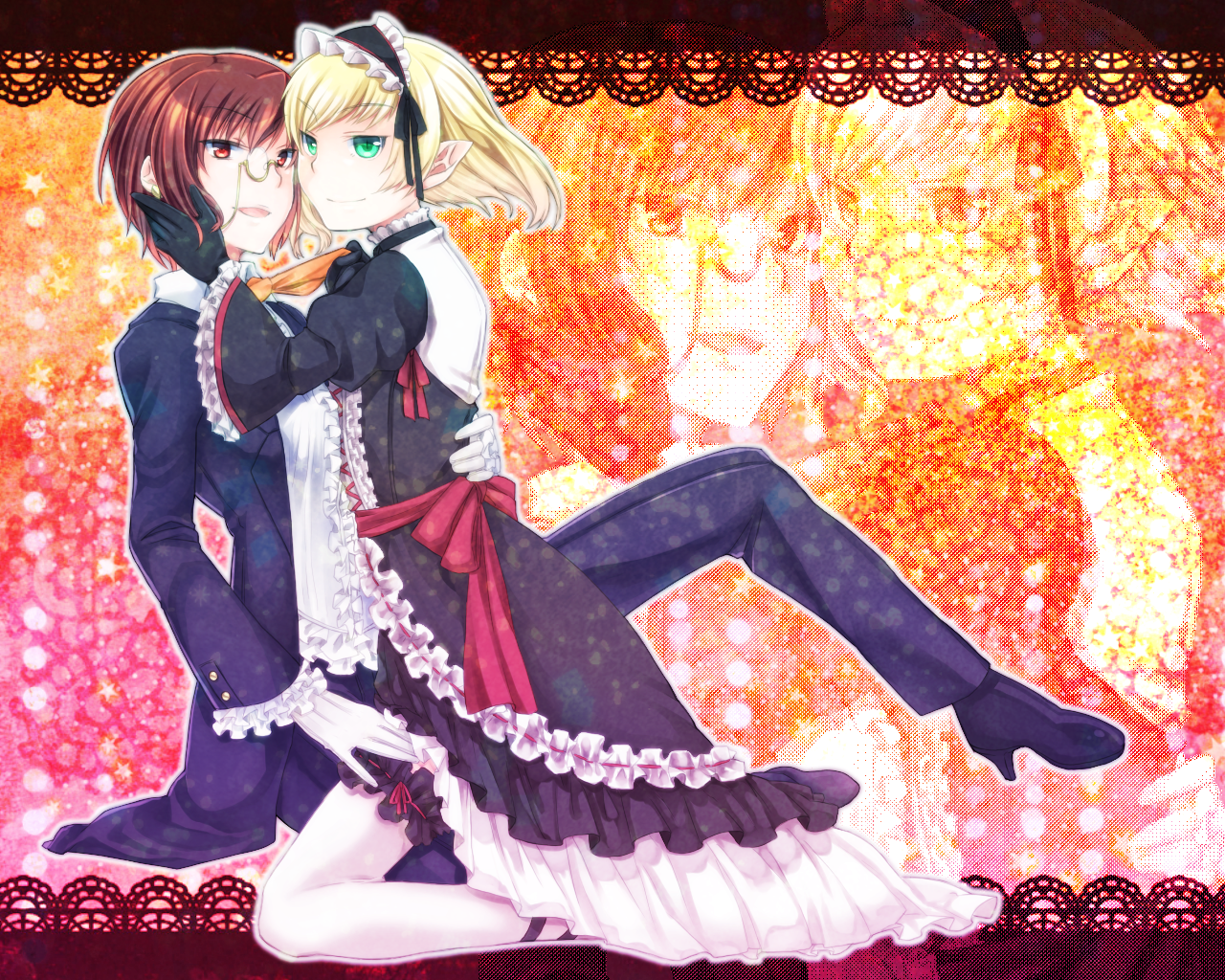 1boy 1girl aozaki_touko aozaki_touko_(mahou_tsukai_no_yoru) apron bad_id bad_pixiv_id blonde_hair crossdressing earrings formal_clothes frills gloves green_eyes high_heels jewelry kamehima lugh_beowulf mahou_tsukai_no_yoru maid maid_apron maid_headdress monocle pantyhose pointy_ears red_eyes red_hair reverse_trap shoes short_hair smile suit thighhighs trap