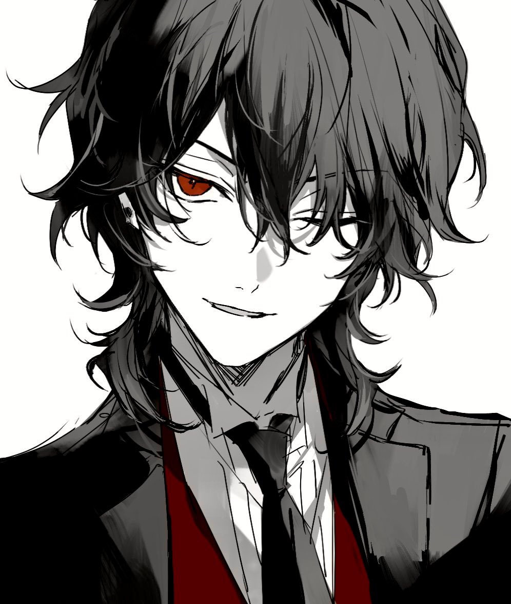 1boy black_hair black_jacket black_necktie collared_shirt ear_piercing ensemble_stars! greyscale head_tilt jacket looking_at_viewer male_focus medium_hair monochrome necktie nozz177 one_eye_closed parted_lips piercing portrait red_eyes red_vest sakuma_rei_(ensemble_stars!) shirt simple_background smirk solo spot_color vest wavy_hair