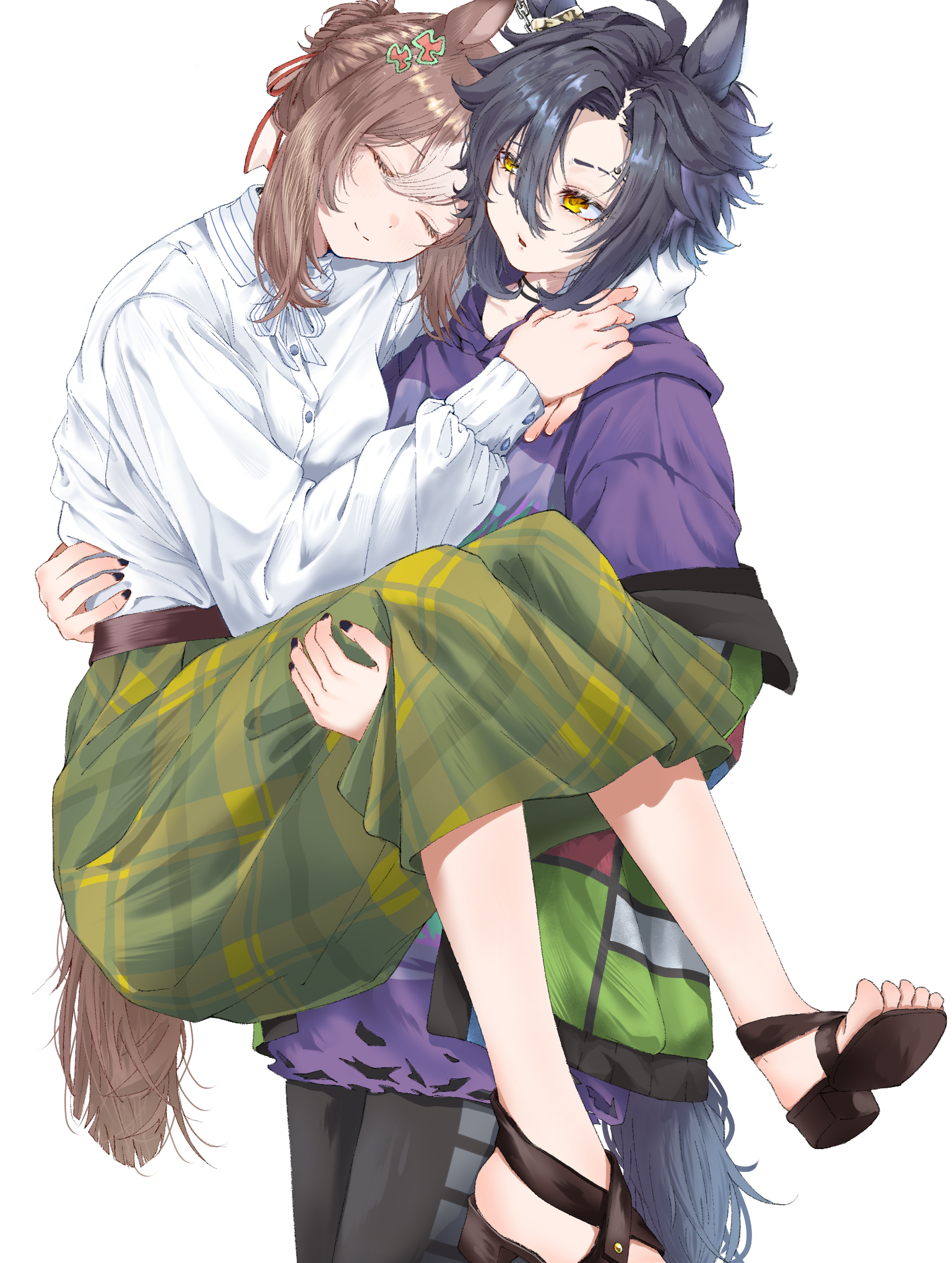 2girls air_shakur_(umamusume) animal_ears arm_around_neck black_hair black_nails black_sandals brown_hair brown_tail carrying closed_eyes collared_shirt commentary_request cowboy_shot curtained_hair dress_shirt eyebrow_cut eyebrow_piercing face_piercing fine_motion_(umamusume) furawi green_skirt hair_between_eyes hand_on_another&#039;s_back heads_together highres hood hoodie horse_ears horse_girl horse_tail multiple_girls parted_hair parted_lips piercing plaid_clothes plaid_skirt princess_carry purple_hoodie sandals shirt shirt_tucked_in simple_background skirt smile tail toes umamusume white_background white_shirt yellow_eyes yuri