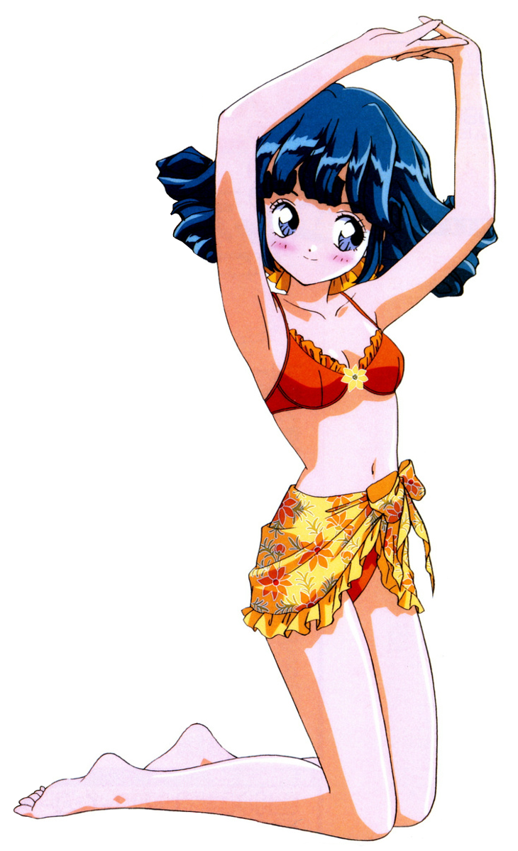1990s_(style) 1girl aqua_eyes arms_up barefoot bikini blue_eyes blush floral_print full_body interlocked_fingers kneehighs kneeling medium_hair navel non-web_source official_art red_bikini retro_artstyle rolfee simple_background smile socks solo swimsuit tadano_kazuko tonari_no_princess_rolfee white_background