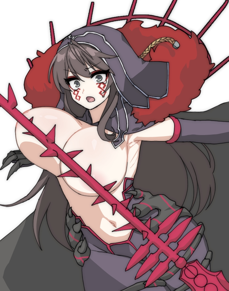 1girl bad_id bad_pixiv_id black_cape bodysuit bouncing_breasts breasts brown_hair cape convenient_censoring cosplay counter:side cowboy_shot cu_chulainn_(fate) cu_chulainn_alter_(fate) cu_chulainn_alter_(fate)_(cosplay) cu_chulainn_alter_(third_ascension)_(fate) detached_hood elbow_gloves facial_mark fate/grand_order fate_(series) gae_bolg_(fate) gloves green_eyes huge_breasts karin_wong long_hair looking_at_viewer navel omgwtfyawp open_mouth purple_bodysuit purple_gloves simple_background solo standing surprised thighs topless_female white_background wide-eyed