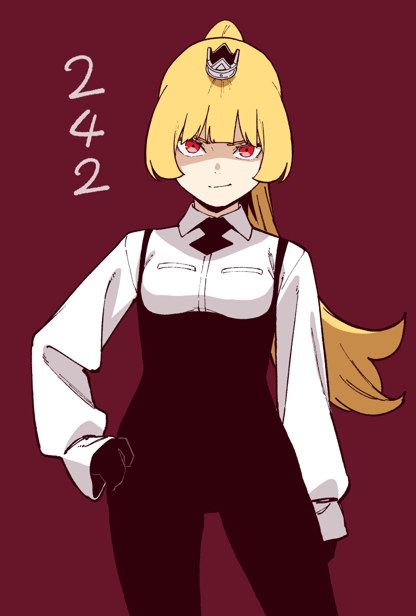 1girl alternate_eye_color black_gloves black_necktie black_pants blonde_hair breasts chapter_number closed_mouth cosplay cowboy_shot crown gloves high_ponytail highres hime-sama_&quot;goumon&quot;_no_jikan_desu hime_(himesama_goumon) hirakei long_hair looking_at_viewer mini_crown necktie official_art pants ponytail red_background red_eyes shirt simple_background small_breasts solo suspenders torture_tortura torture_tortura_(cosplay) very_long_hair white_shirt